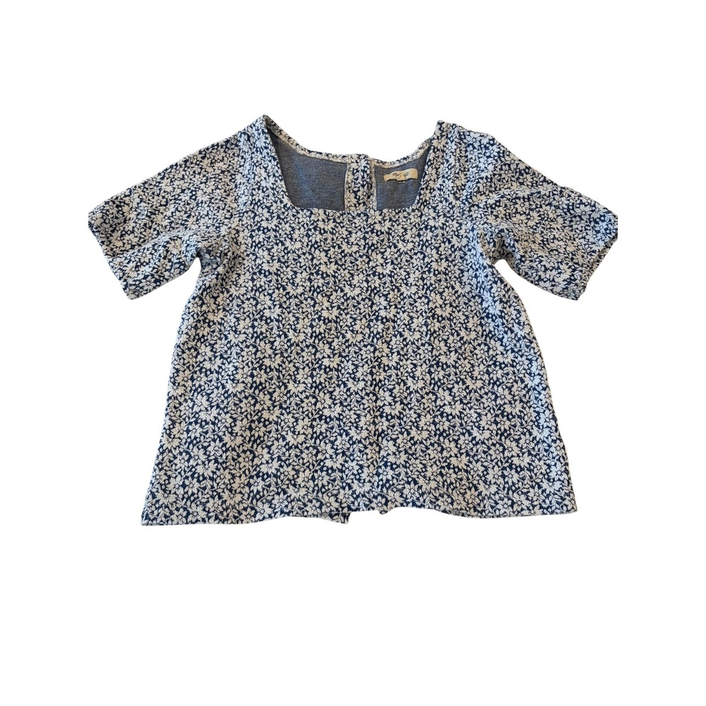Madewell XS Indigo Floral Square Neck Button‎ Back Short Sleeve Top Blue White